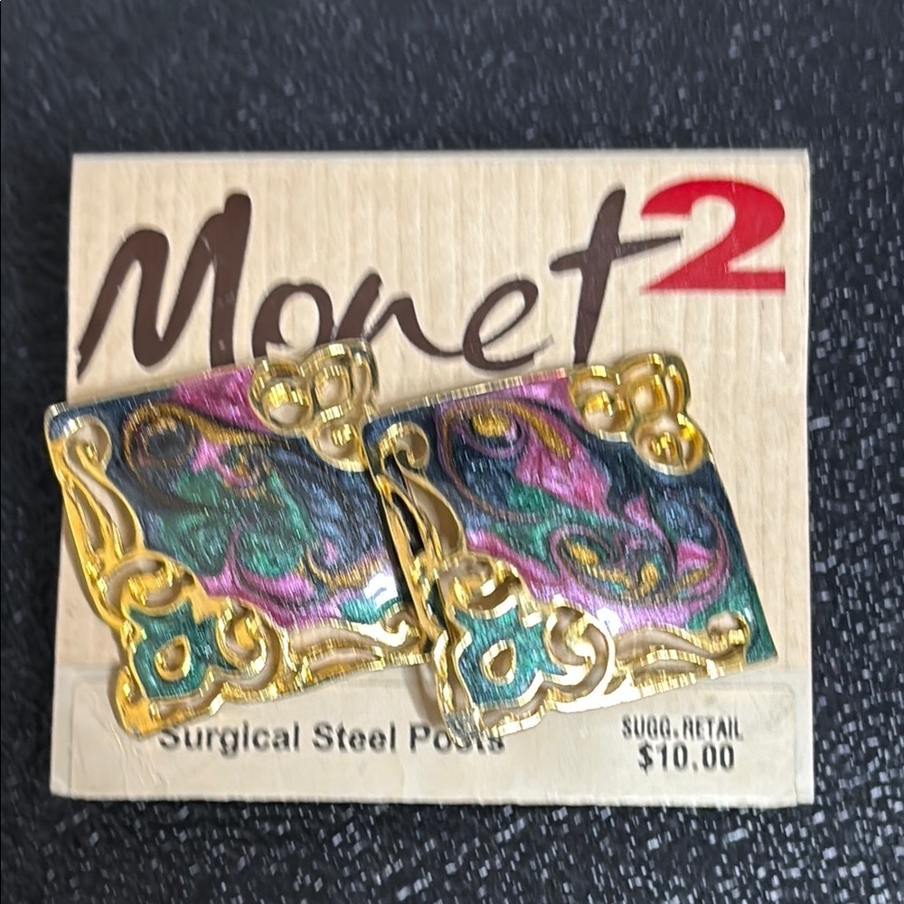 Monet 2 New Old Stock Vintage Swirl Enamel 80’s Pierced Earrings Retro